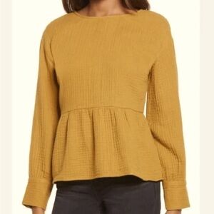 *SOLD* Madewell Lightspun Button-Back Peplum Top in Compass Gold Size Medium